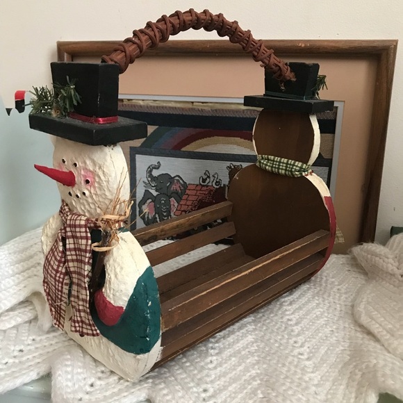 Rare Vintage 70’s Handmade Wood Snowman Basket - Picture 1 of 7